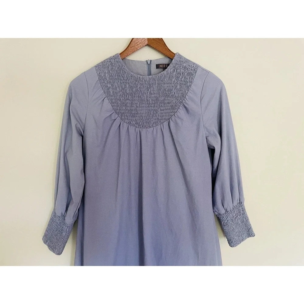 Mila Light Blue Smocked Long Sleeve Tiered‎ MIDI Dress. Size XS. Linen Blend.